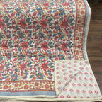 Cream & Rose Pink Dusty Blue Jaipur Indian hand block print floral quilted comforter | Jaipur Indian block print cotton muslin quilted comforter | Sanganer hand block print floral bedding | quilt Queen King size India handicraft | House of Avana [[SKU:HOA-COM-PKDB-004]]
