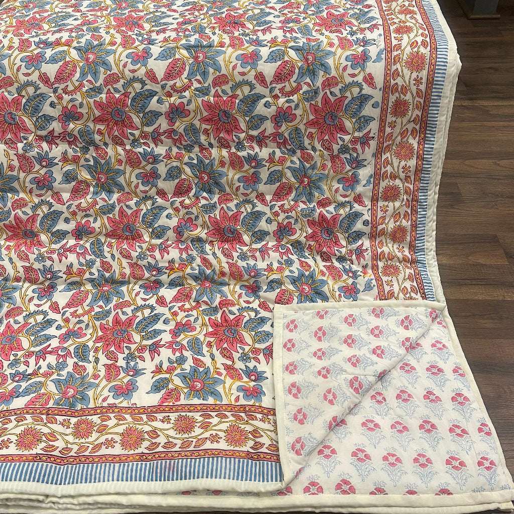 Cream & Rose Pink Dusty Blue Jaipur Indian hand block print floral quilted comforter | Jaipur Indian block print cotton muslin quilted comforter | Sanganer hand block print floral bedding | quilt Queen King size India handicraft | House of Avana [[SKU:HOA-COM-PKDB-004]]