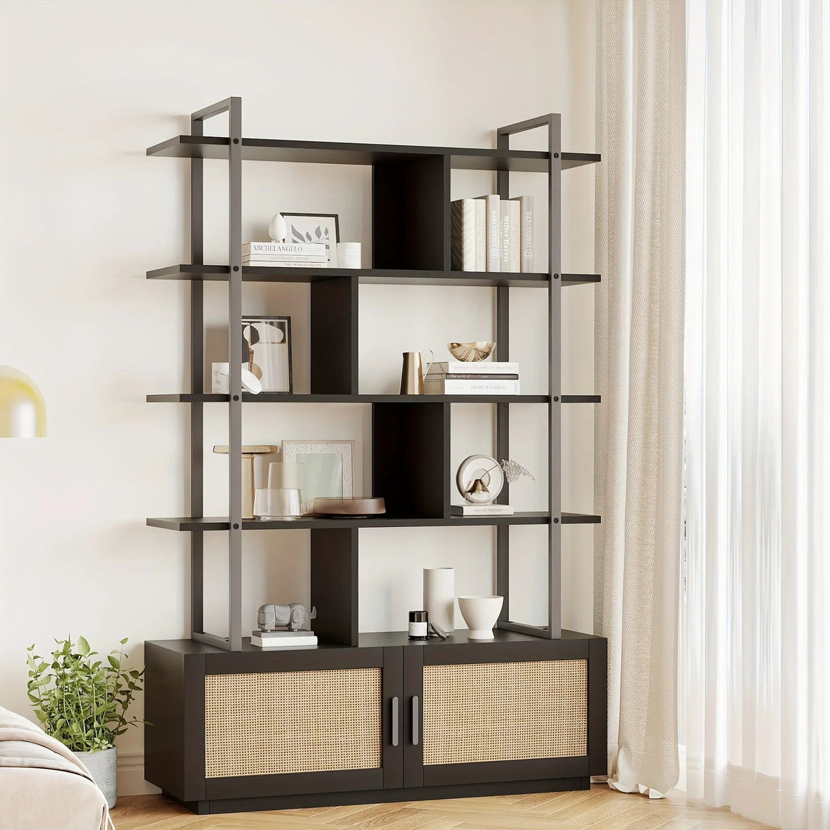5 Tier Tall Bookshelf with Open Display Shelves, Inch Rattan Classical Book Shelf with Storage, Open... - House Of Avana [[SKU:HOA-BOK-005]]