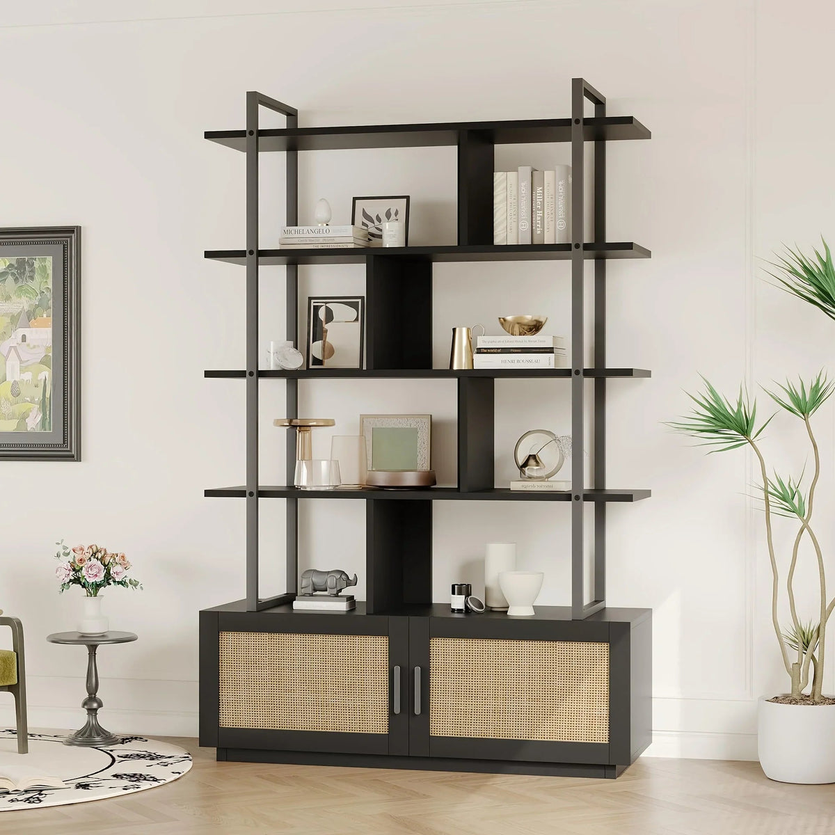 5 Tier Tall Bookshelf with Open Display Shelves, Inch Rattan Classical Book Shelf with Storage, Open... - House Of Avana [[SKU:HOA-BOK-005]]