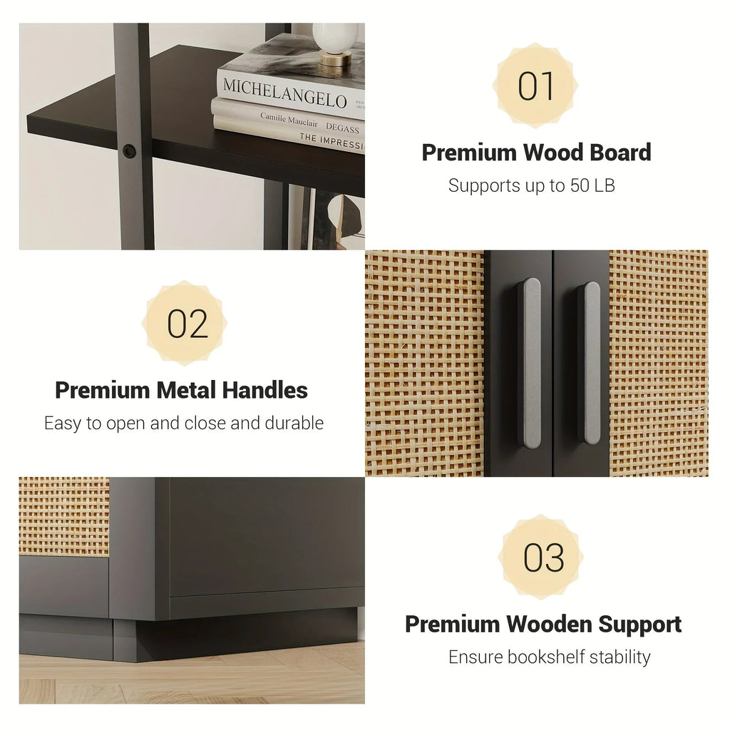 5 Tier Tall Bookshelf with Open Display Shelves, Inch Rattan Classical Book Shelf with Storage, Open... - House Of Avana [[SKU:HOA-BOK-005]]