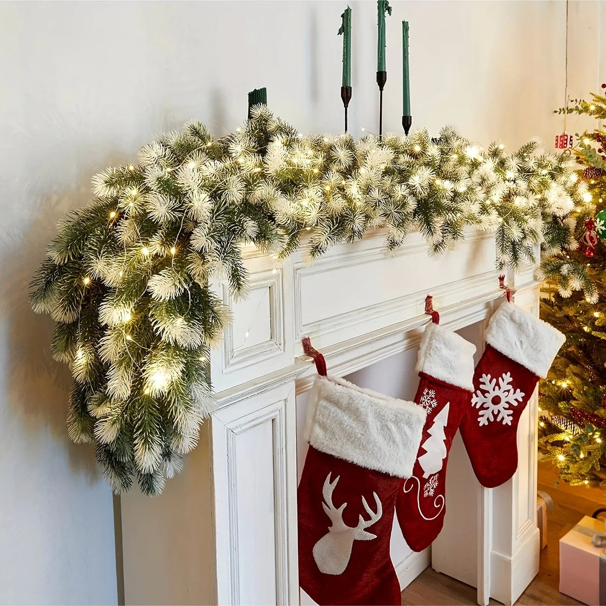 1pc of 6.4ft/195cm Christmas pine wreath made of white rattan, suitable for outdoor or indoor home gardens, artificial green plants, fireplaces, holiday party decorations, artificial pine rings, holiday decorations, and Chris House Of Avana [[SKU:HOA-XMS-024]]