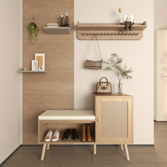 2-in-1 Shoe Storage Bench with Natural Rattan Accents, Adjustable Shelves & Removable Seat Cushion – Durable Wooden Frame, Ideal for Entryway, Hallway, Bedroom – Space-Saving Organizer with Decorative Faux Rattan Design House Of Avana