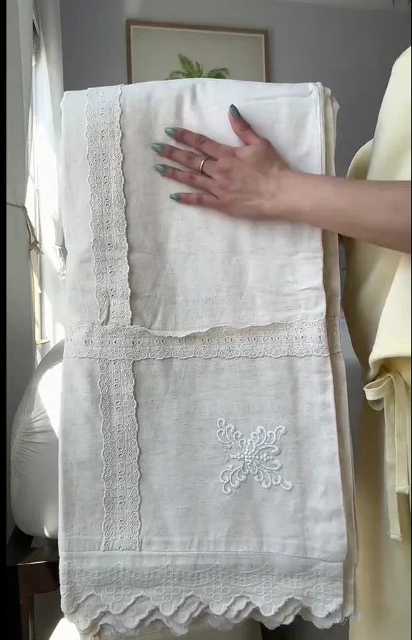Esme French Linen Cotton Embroidered Floral Bedding Set / White Ever Lasting