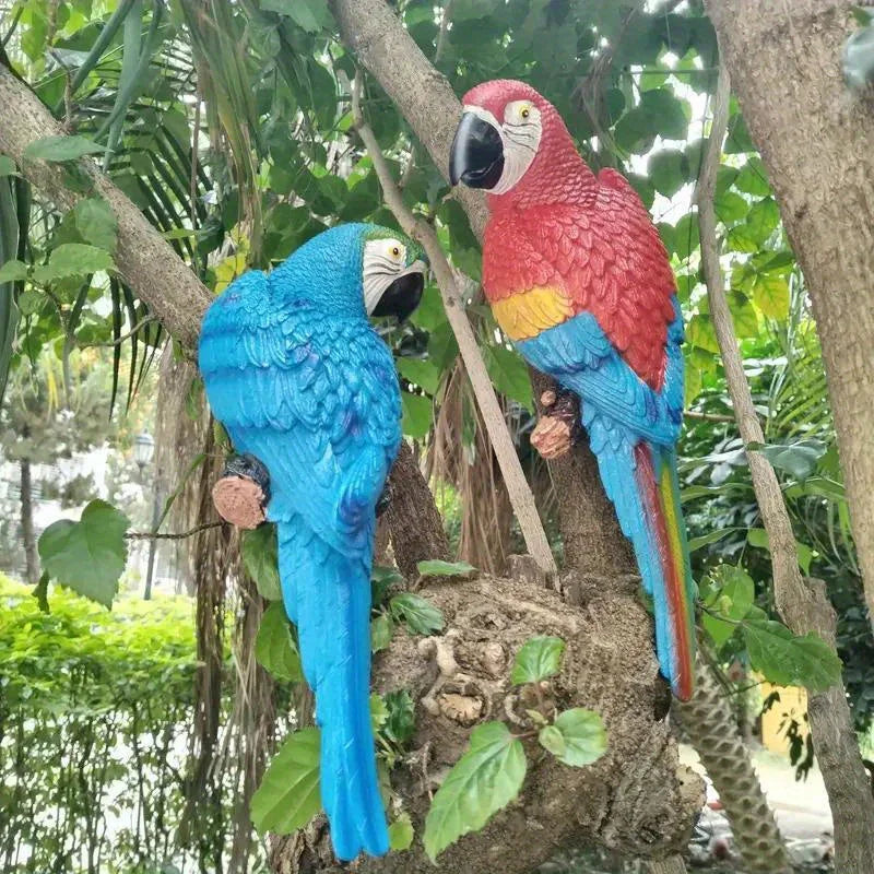 2pcs or 1pc Lifelike Red & Blue Parrot Statue - Realistic Hanging Garden Decor with Expressive Eyes & Feathers, Weather-Resistant Resin Construction for Outdoor/Indoor - Easy Hanging Hooks, No Electricity Needed - Perfect for House Of Avana [[SKU:HOA-GSC-401]]