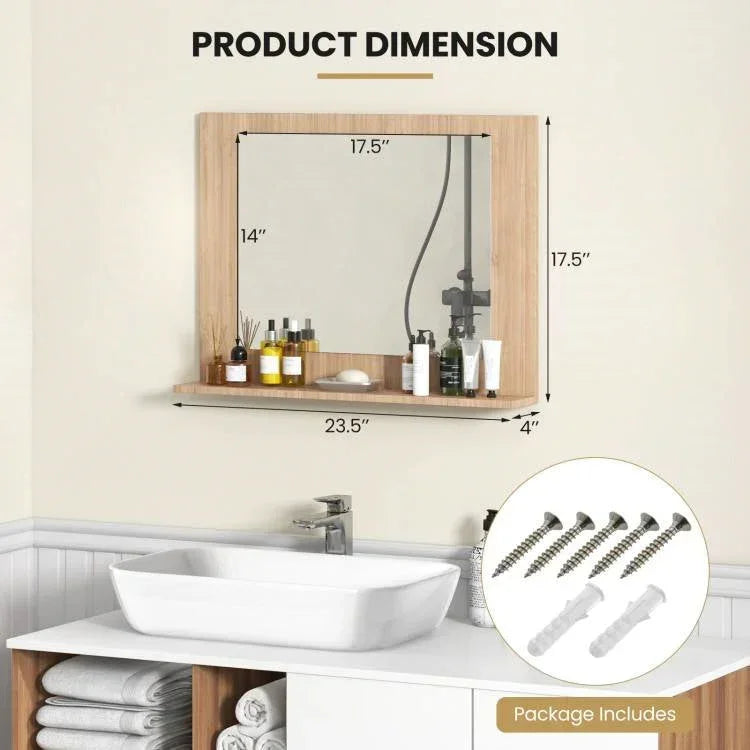 Rectangular 23 x 17 inch Bathroom Wall Mirror with Shelf in Brown Wood Finish