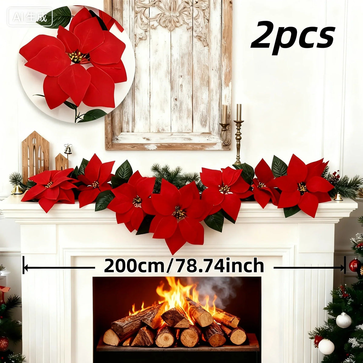 2-Pack Artificial Poinsettia Wreaths | Realistic Red Fake Christmas Wreaths for Christmas, Valentine's, Thanksgiving, and Halloween Decor | Suitable for Indoor/Outdoor Use on Stairs, Walls, Dining Tables | Maintenance-Free Pl House Of Avana [[SKU:HOA-FLR-037]]