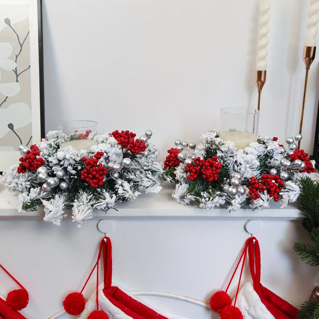 11.8-Inch Snow-Covered Red Berry Christmas Wreath - Realistic Snow Effect with Frosted Finish, All-Weather Resistant Artificial Flowers, Christma Candle Wreath, Christma Wreath, Christmas Home Decoration, Christmas Ornament, House Of Avana [[SKU:HOA-FLR-012]]