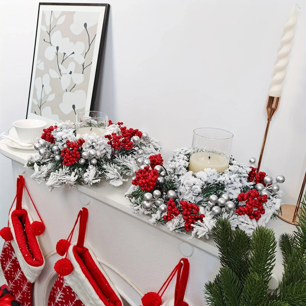 11.8-Inch Snow-Covered Red Berry Christmas Wreath - Realistic Snow Effect with Frosted Finish, All-Weather Resistant Artificial Flowers, Christma Candle Wreath, Christma Wreath, Christmas Home Decoration, Christmas Ornament, House Of Avana [[SKU:HOA-FLR-012]]