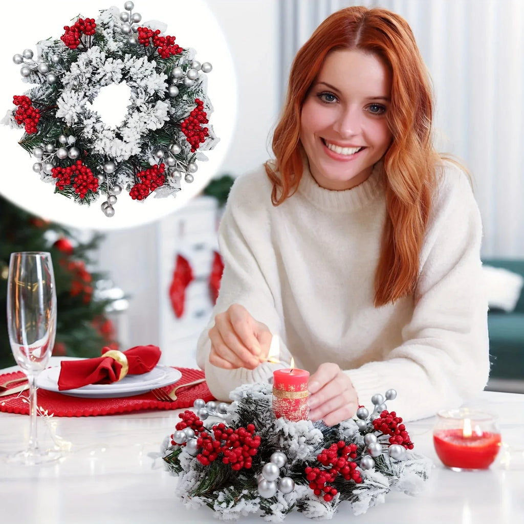 11.8-Inch Snow-Covered Red Berry Christmas Wreath - Realistic Snow Effect with Frosted Finish, All-Weather Resistant Artificial Flowers, Christma Candle Wreath, Christma Wreath, Christmas Home Decoration, Christmas Ornament, House Of Avana [[SKU:HOA-FLR-012]]
