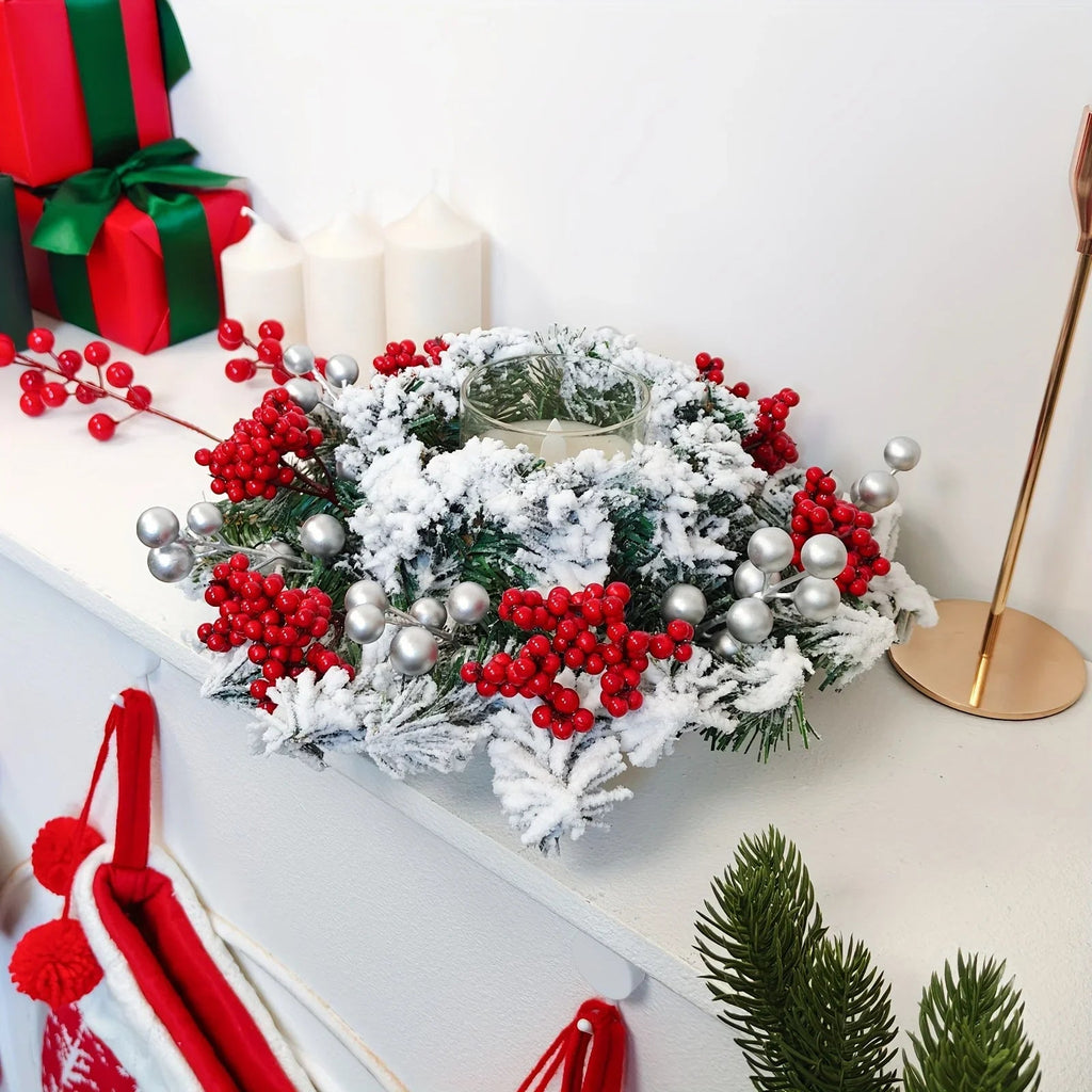 11.8-Inch Snow-Covered Red Berry Christmas Wreath - Realistic Snow Effect with Frosted Finish, All-Weather Resistant Artificial Flowers, Christma Candle Wreath, Christma Wreath, Christmas Home Decoration, Christmas Ornament, House Of Avana [[SKU:HOA-FLR-012]]