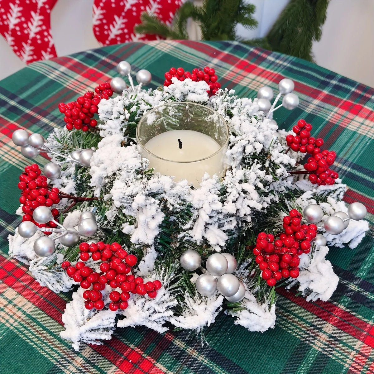 11.8-Inch Snow-Covered Red Berry Christmas Wreath - Realistic Snow Effect with Frosted Finish, All-Weather Resistant Artificial Flowers, Christma Candle Wreath, Christma Wreath, Christmas Home Decoration, Christmas Ornament, House Of Avana [[SKU:HOA-FLR-012]]