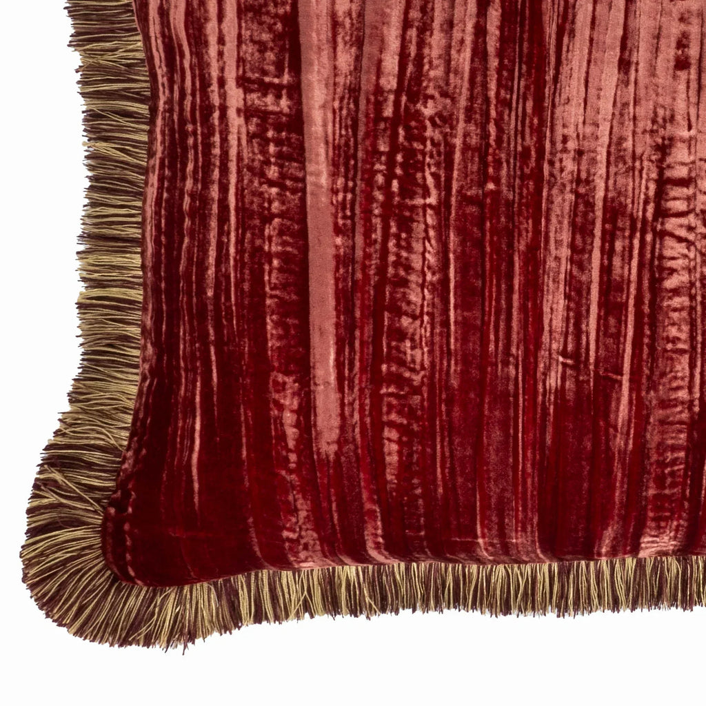 Red Fringed Silk Velvet Throw Pillow 20" X 20", lifestyle image - House Of Avana