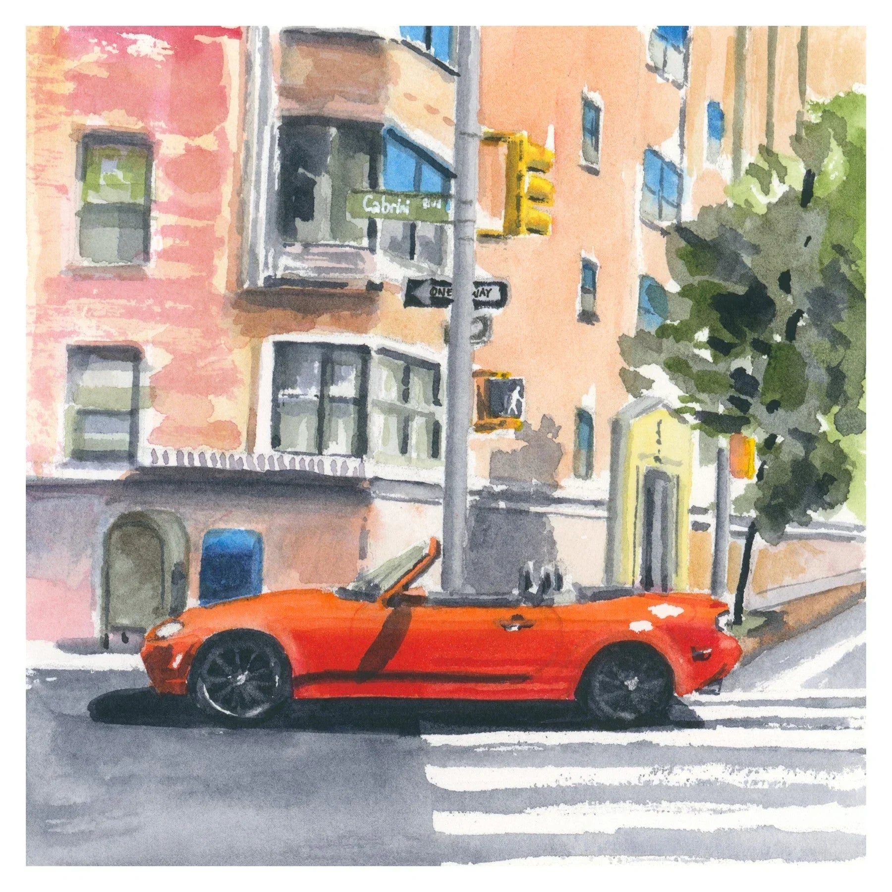 Red Mazda Miata in Intersection, Nyc, Watercolor Painting, back view - House Of Avana