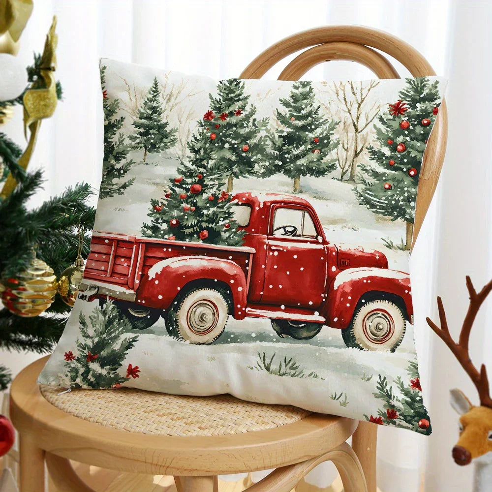Super Soft Festive Red Truck & Christmas Tree Pattern Throw Pillow - Hidden Zipper Design, Suitable for Sofa Beds, Car Living Rooms, and Christmas Home Decor - Pillow Core Not Included House Of Avana
