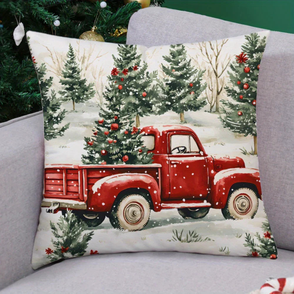 Super Soft Festive Red Truck & Christmas Tree Pattern Throw Pillow - Hidden Zipper Design, Suitable for Sofa Beds, Car Living Rooms, and Christmas Home Decor - Pillow Core Not Included House Of Avana
