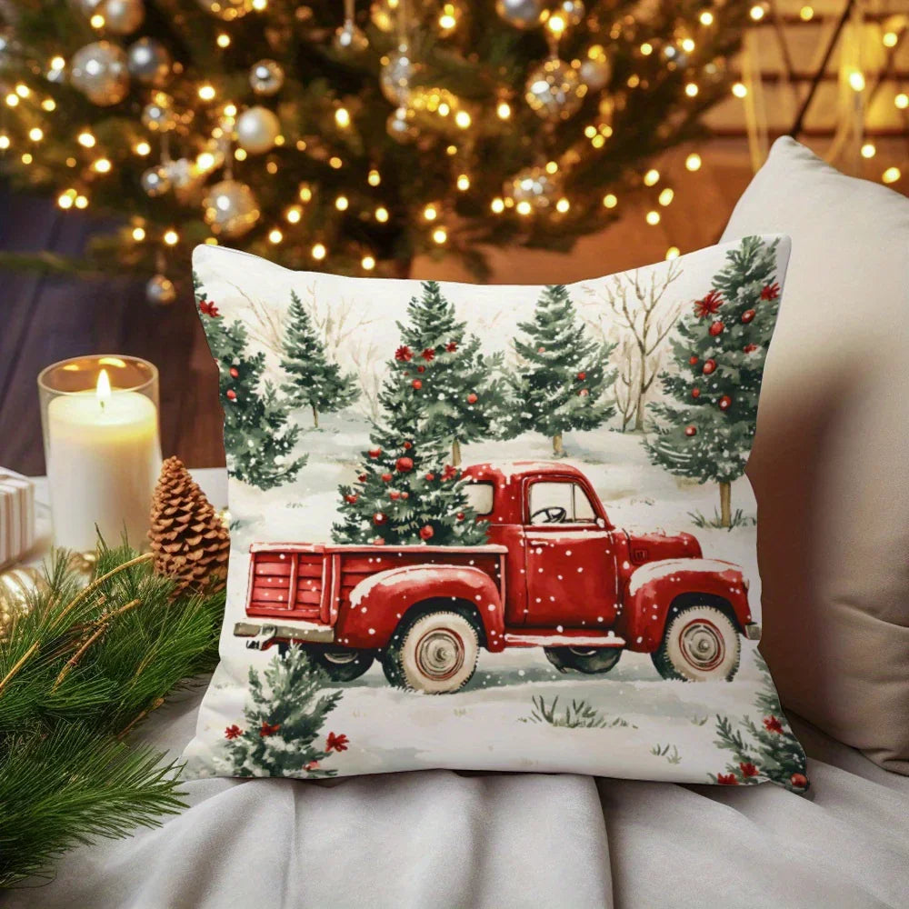 Super Soft Festive Red Truck & Christmas Tree Pattern Throw Pillow - Hidden Zipper Design, Suitable for Sofa Beds, Car Living Rooms, and Christmas Home Decor - Pillow Core Not Included House Of Avana