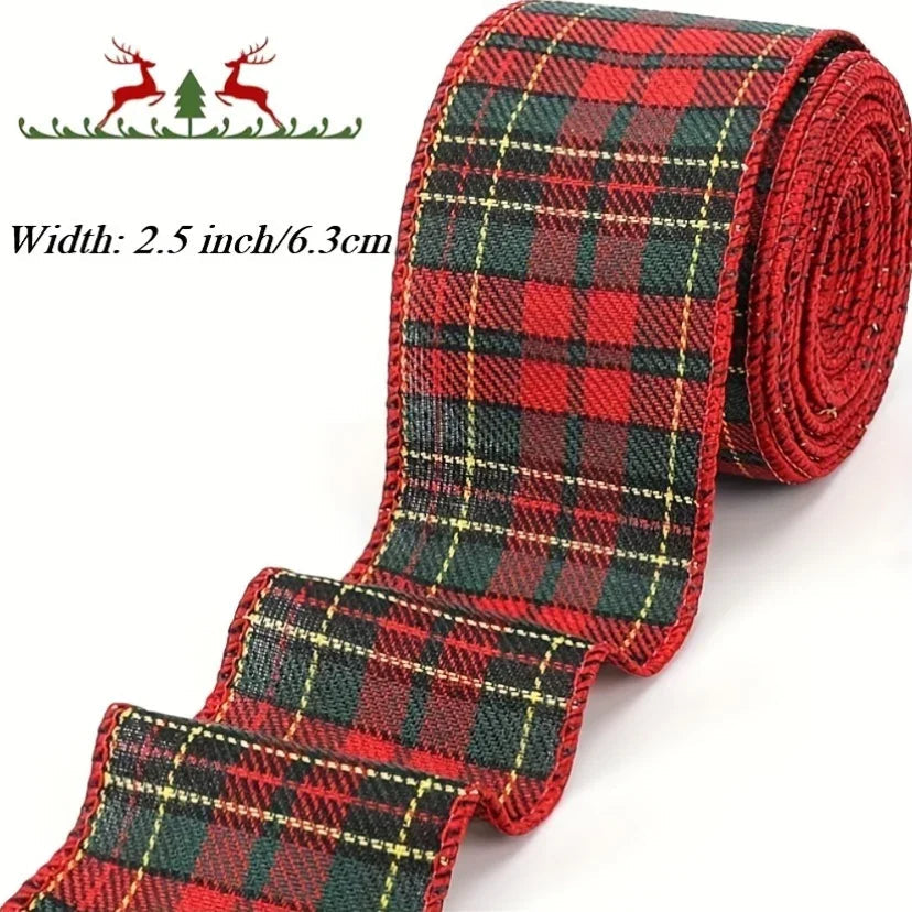 [Christmas Plaid Ribbon] 1 Roll/2 Rolls Red and Green Plaid Christmas Ribbon | 5 Yards, 2.5 inch Wired for Christmas Tree, Bow Making, Wreath Making, Holiday Decorations House Of Avana [[SKU:HOA-FLR-024]]