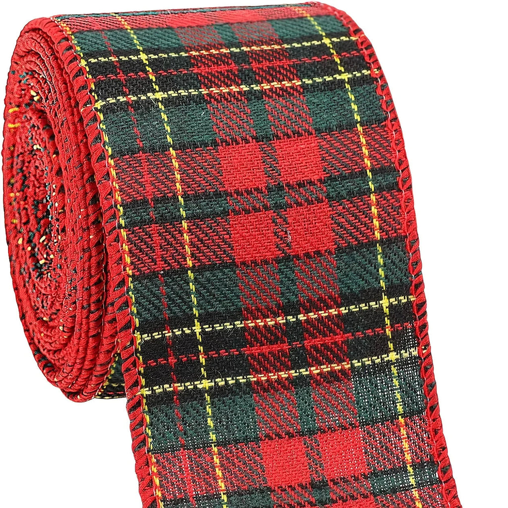 [Christmas Plaid Ribbon] 1 Roll/2 Rolls Red and Green Plaid Christmas Ribbon | 5 Yards, 2.5 inch Wired for Christmas Tree, Bow Making, Wreath Making, Holiday Decorations House Of Avana [[SKU:HOA-FLR-024]]