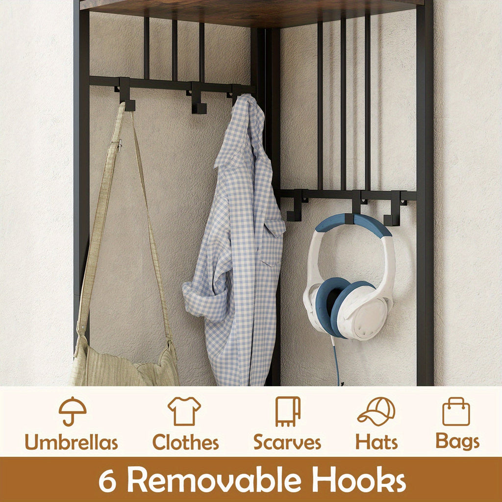 ERGOMASTER 4-in-1 Entryway Organizer: 180cm Tall Corner Coat Rack with Shoe Bench, 2-Tier Mesh Shoe Storage & 6 Removable Hooks - Space-Saving Hall Tree for Home or Retail Stores, Rustic Brown (Engineered Wood & Metal), Powde House Of Avana