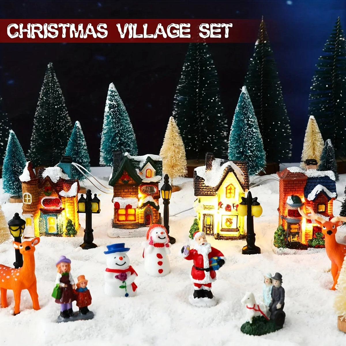 31pcs Lighted Christmas Village Figurine Set with Snowy Houses, Trees & Santa - Battery-Powered (AA Batteries Not Included) Resin/Metal/Vinyl Xmas Town Scene with Warm White Lights, Snowy Roof & Ground Decorations for Indoor/ House Of Avana [[SKU:HOA-XMS-047]]