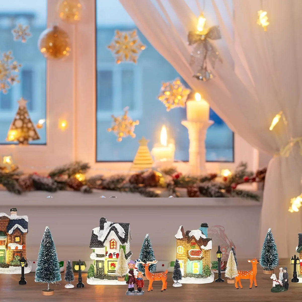31pcs Lighted Christmas Village Figurine Set with Snowy Houses, Trees & Santa - Battery-Powered (AA Batteries Not Included) Resin/Metal/Vinyl Xmas Town Scene with Warm White Lights, Snowy Roof & Ground Decorations for Indoor/ House Of Avana [[SKU:HOA-XMS-047]]