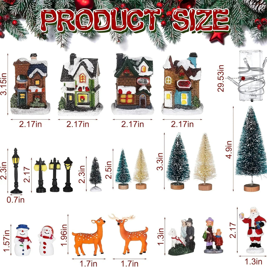 31pcs Lighted Christmas Village Figurine Set with Snowy Houses, Trees & Santa - Battery-Powered (AA Batteries Not Included) Resin/Metal/Vinyl Xmas Town Scene with Warm White Lights, Snowy Roof & Ground Decorations for Indoor/ House Of Avana [[SKU:HOA-XMS-047]]