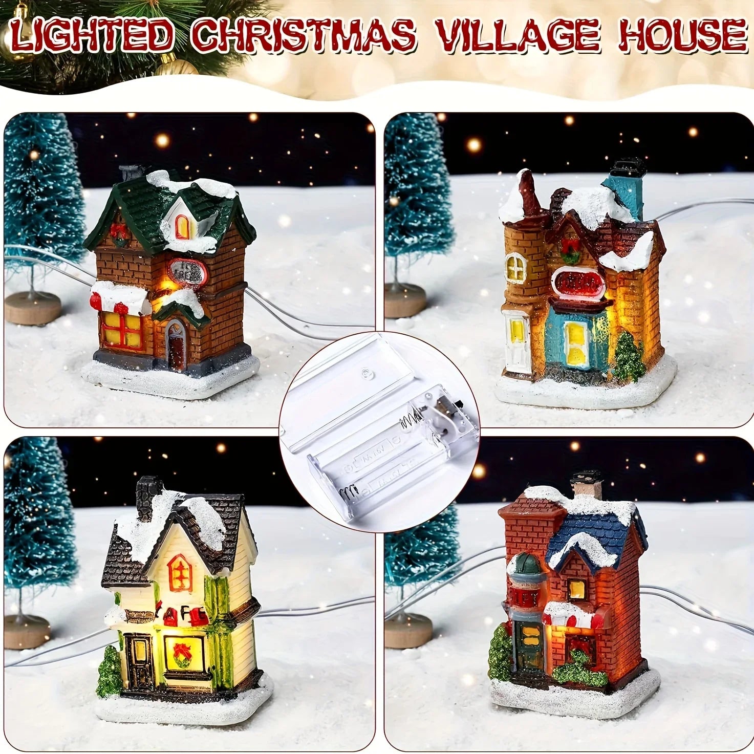 31pcs Lighted Christmas Village Figurine Set with Snowy Houses, Trees & Santa - Battery-Powered (AA Batteries Not Included) Resin/Metal/Vinyl Xmas Town Scene with Warm White Lights, Snowy Roof & Ground Decorations for Indoor/ House Of Avana