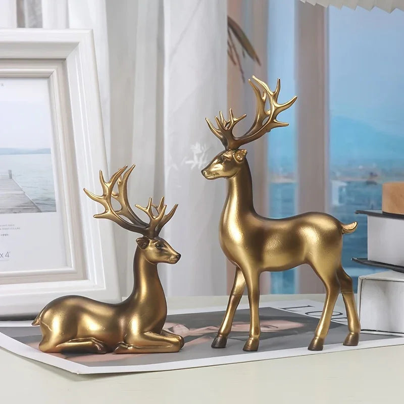 2pcs Black & Golden Deer Figurines - Elegant Standing Deer Statues with Antlers, Durable Plastic Christmas Decor for Home, Office, Living Room House Of Avana [[SKU:HOA-SCU-210]]