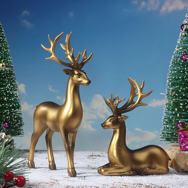 2pcs Black & Golden Deer Figurines - Elegant Standing Deer Statues with Antlers, Durable Plastic Christmas Decor for Home, Office, Living Room House Of Avana [[SKU:HOA-SCU-210]]
