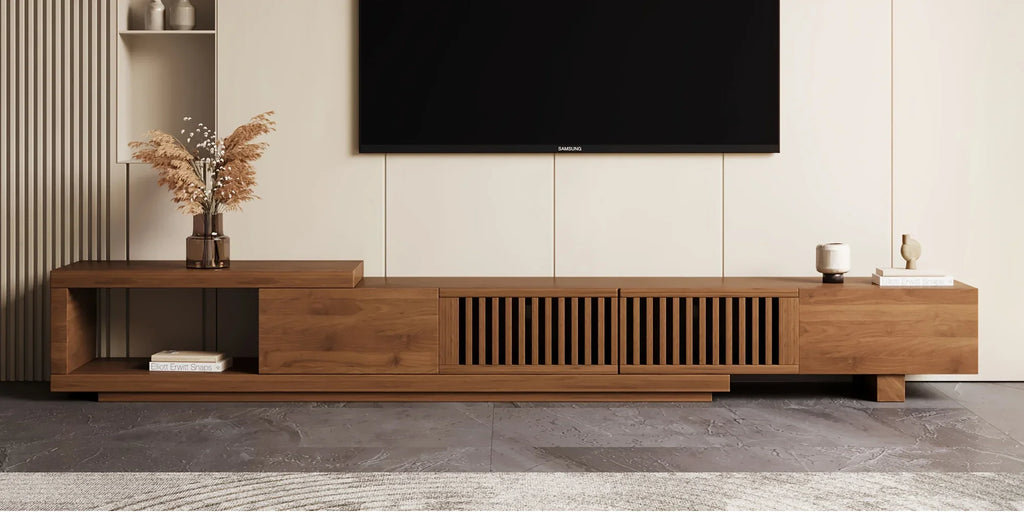 Retractable Grid TV Cabinet Walnut 198.12-261.62 cm Extension Modern Living Room Furniture with 2 Drawers 2 Storage, Home Entertainment Unit, Media Console, Stylish Cabinet, Sleek Furniture, Durable Hardwood, Sturdy Build, Sp House Of Avana
