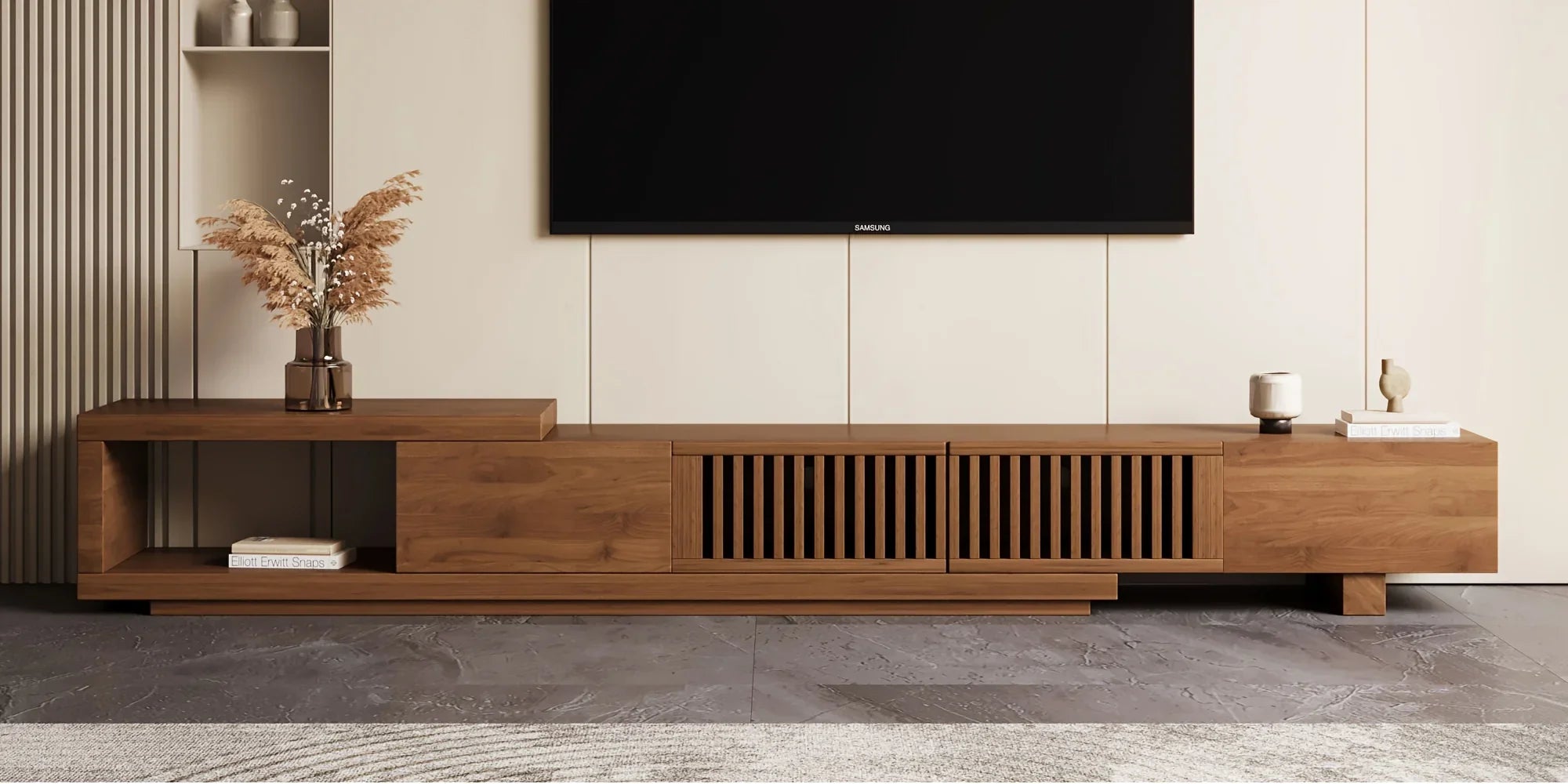 Retractable Grid TV Cabinet Walnut 198.12-261.62 cm Extension Modern Living Room Furniture with 2 Drawers 2 Storage, Home Entertainment Unit, Media Console, Stylish Cabinet, Sleek Furniture, Durable Hardwood, Sturdy Build, Sp House Of Avana