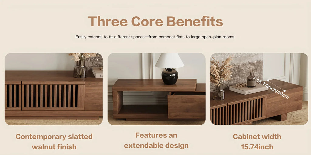 Retractable Grid TV Cabinet Walnut 198.12-261.62 cm Extension Modern Living Room Furniture with 2 Drawers 2 Storage, Home Entertainment Unit, Media Console, Stylish Cabinet, Sleek Furniture, Durable Hardwood, Sturdy Build, Sp House Of Avana