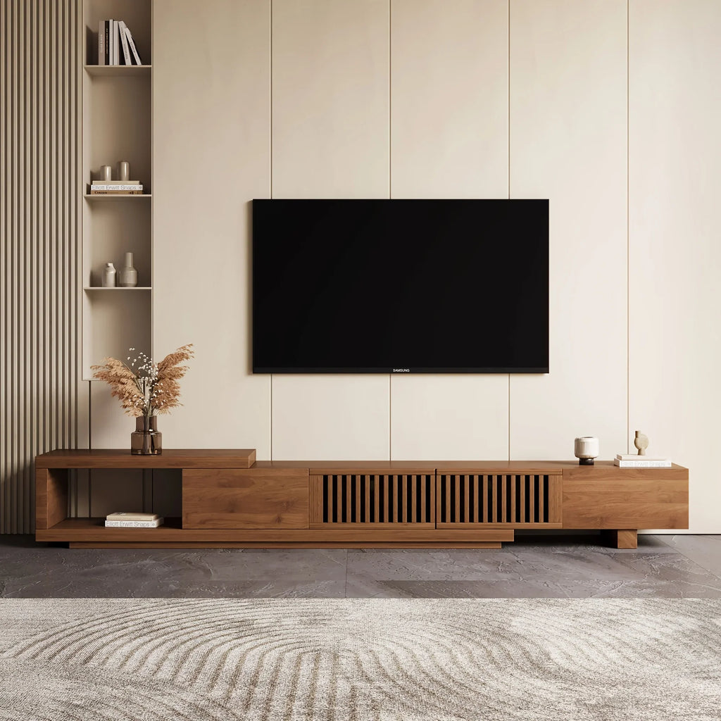 Retractable Grid TV Cabinet Walnut 198.12-261.62 cm Extension Modern Living Room Furniture with 2 Drawers 2 Storage, Home Entertainment Unit, Media Console, Stylish Cabinet, Sleek Furniture, Durable Hardwood, Sturdy Build, Sp House Of Avana
