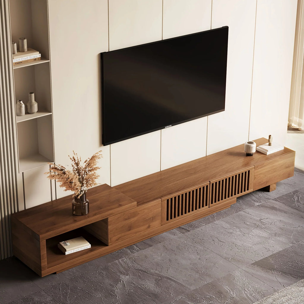 Retractable Grid TV Cabinet Walnut 198.12-261.62 cm Extension Modern Living Room Furniture with 2 Drawers 2 Storage, Home Entertainment Unit, Media Console, Stylish Cabinet, Sleek Furniture, Durable Hardwood, Sturdy Build, Sp House Of Avana