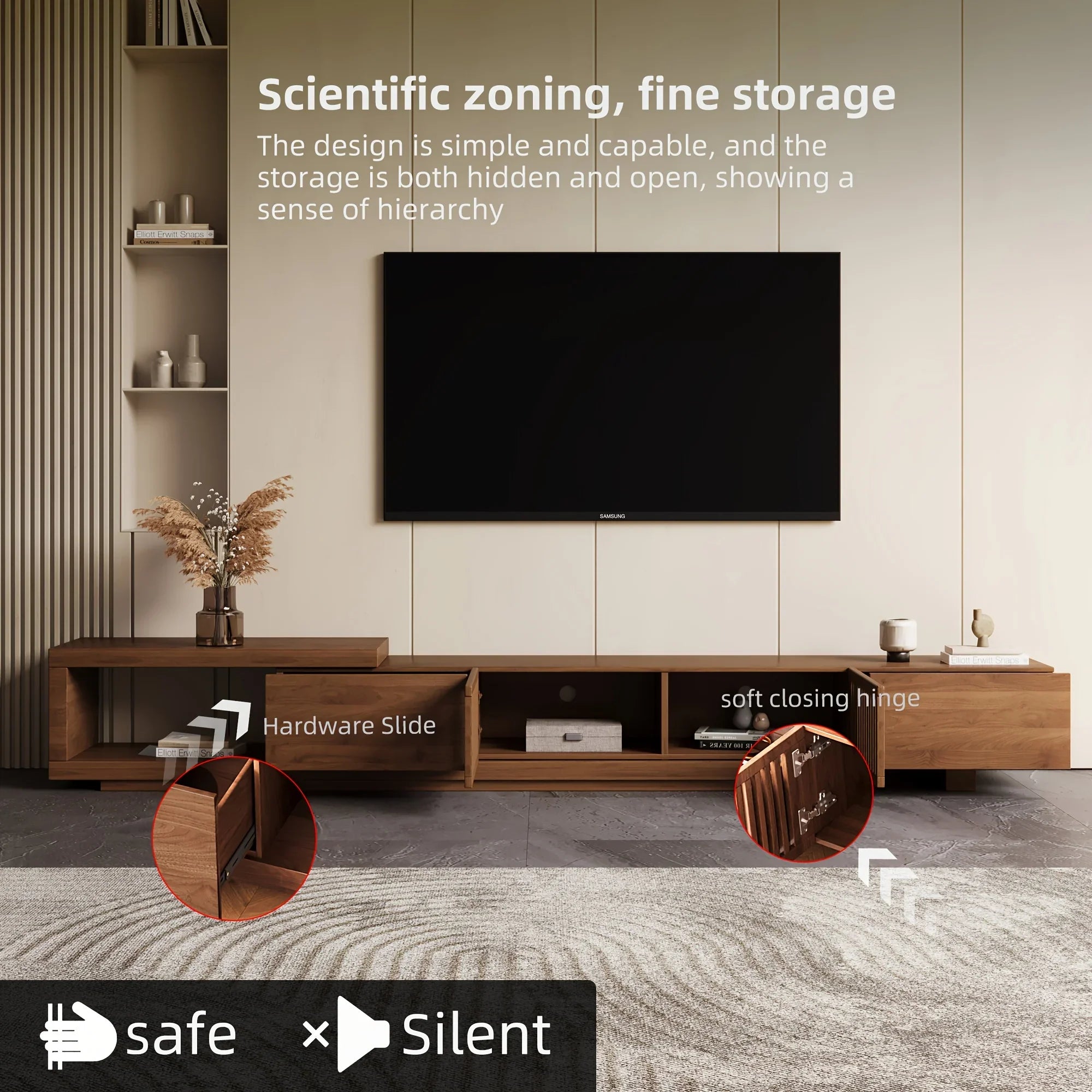 Retractable Grid TV Cabinet Walnut 198.12-261.62 cm Extension Modern Living Room Furniture with 2 Drawers 2 Storage, Home Entertainment Unit, Media Console, Stylish Cabinet, Sleek Furniture, Durable Hardwood, Sturdy Build, Sp House Of Avana