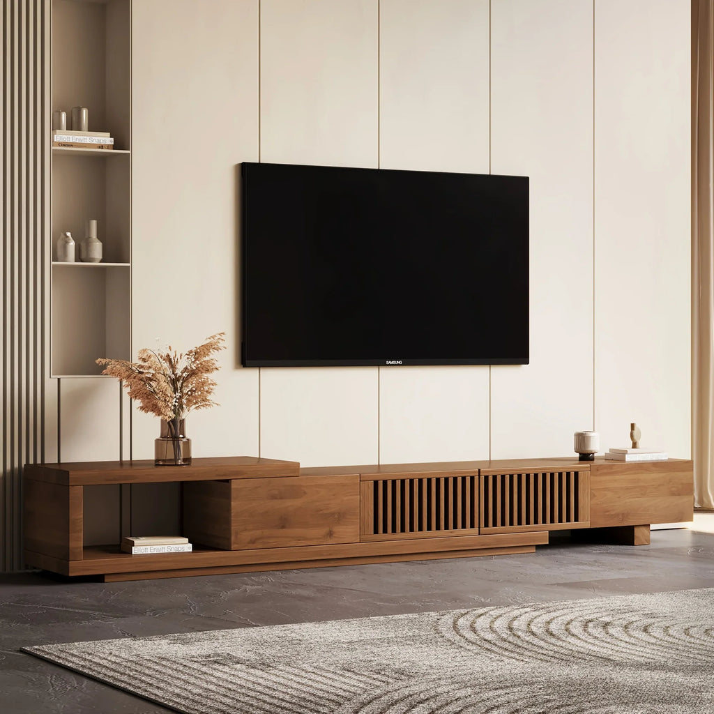 Retractable Grid TV Cabinet Walnut 198.12-261.62 cm Extension Modern Living Room Furniture with 2 Drawers 2 Storage, Home Entertainment Unit, Media Console, Stylish Cabinet, Sleek Furniture, Durable Hardwood, Sturdy Build, Sp House Of Avana
