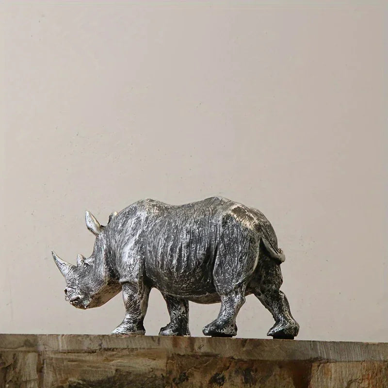 [Top-Rated] Vintage Silvery Rhino Figurine - Creative Resin Animal Sculpture for TV Stand & Home Decor - House Of Avana