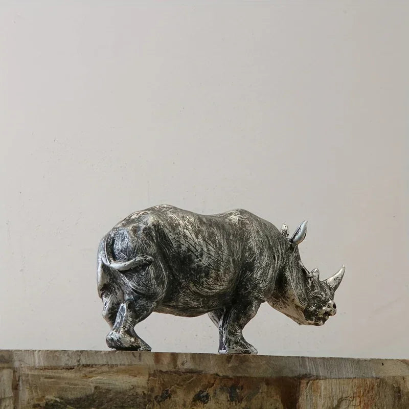 [Top-Rated] Vintage Silvery Rhino Figurine - Creative Resin Animal Sculpture for TV Stand & Home Decor - House Of Avana