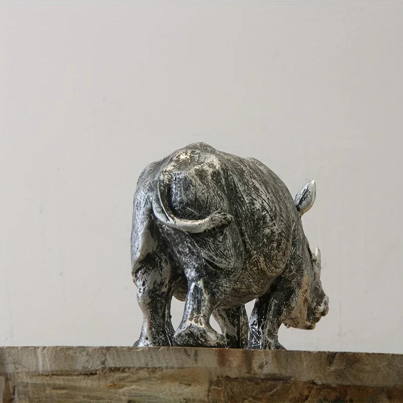 [Top-Rated] Vintage Silvery Rhino Figurine - Creative Resin Animal Sculpture for TV Stand & Home Decor - House Of Avana