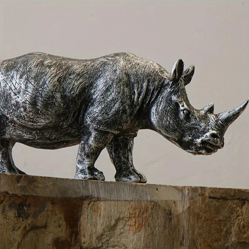 [Top-Rated] Vintage Silvery Rhino Figurine - Creative Resin Animal Sculpture for TV Stand & Home Decor - House Of Avana