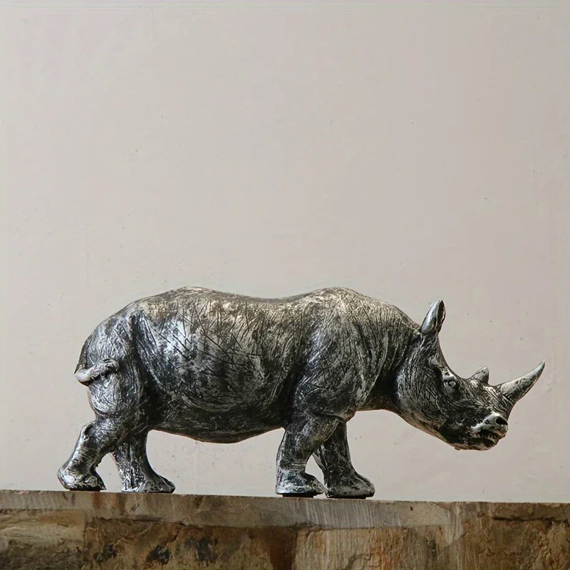 [Top-Rated] Vintage Silvery Rhino Figurine - Creative Resin Animal Sculpture for TV Stand & Home Decor - House Of Avana