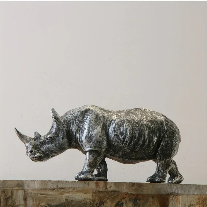 [Top-Rated] Vintage Silvery Rhino Figurine - Creative Resin Animal Sculpture for TV Stand & Home Decor - House Of Avana