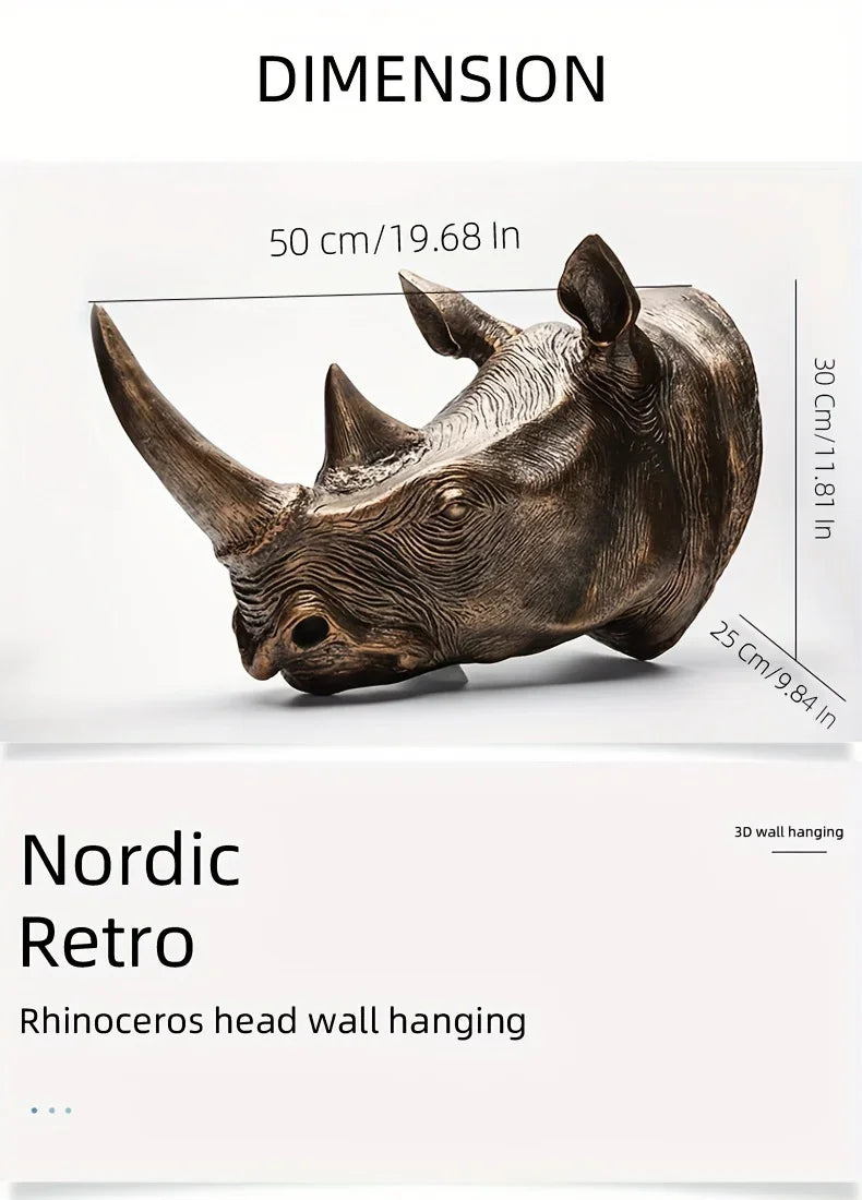 Resin Rhino Head Wall Hanging Decorative Figurine, angled view - House Of Avana