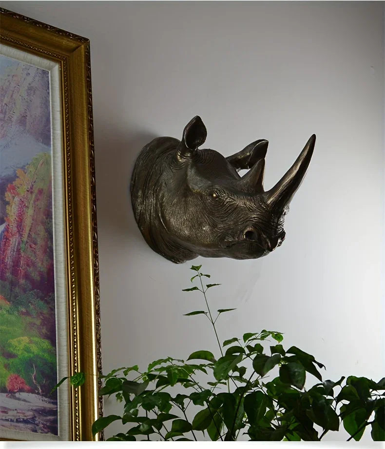 Resin Rhino Head Wall Hanging Decorative Figurine, angled view - House Of Avana