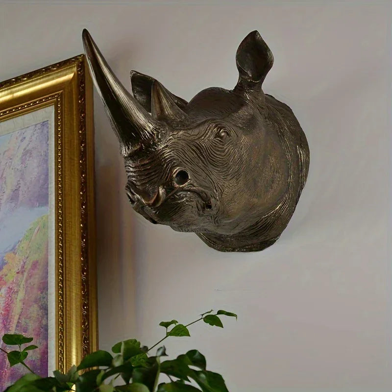 Resin Rhino Head Wall Hanging Decorative Figurine, front view - House Of Avana