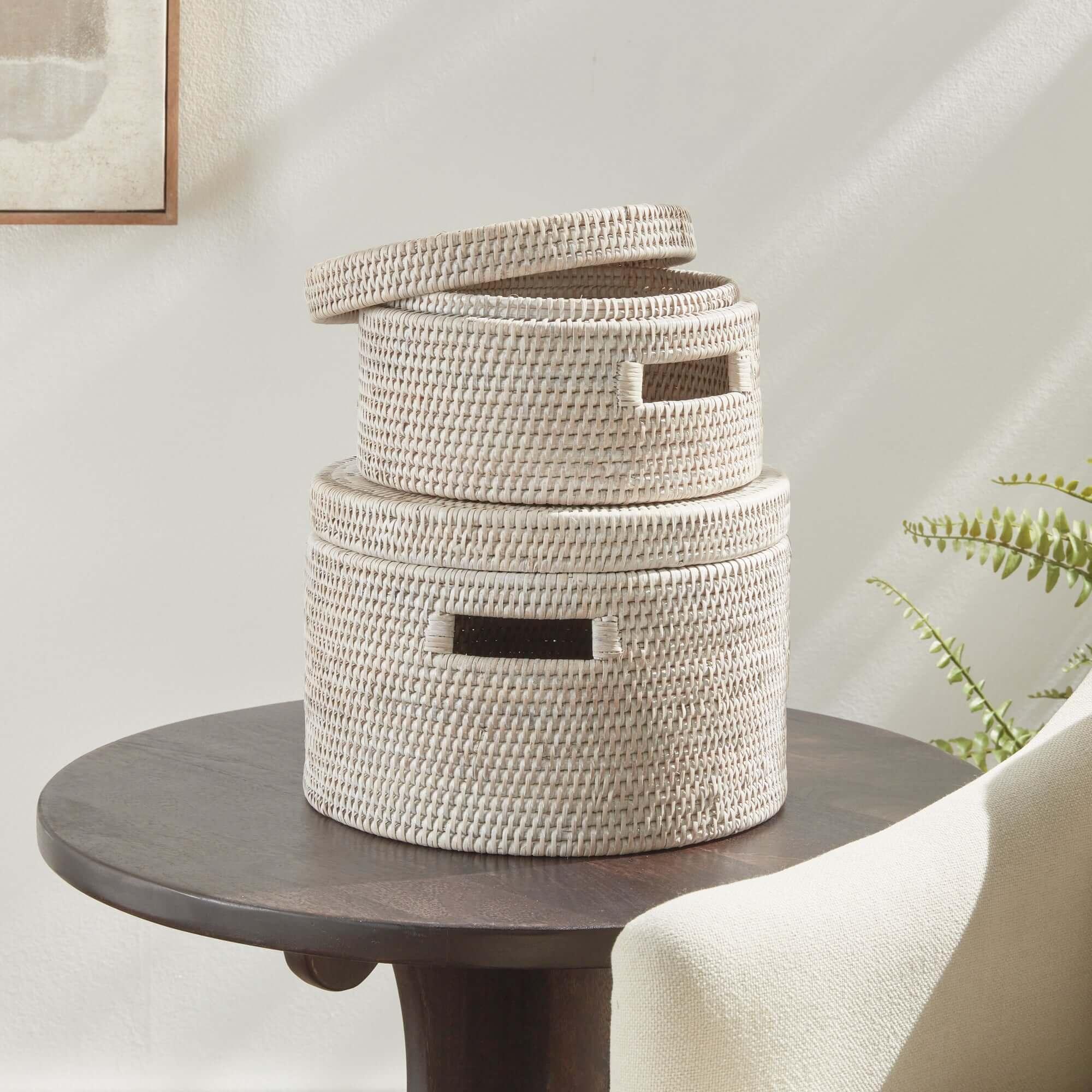 Round Rattan Storage Baskets with Lids (Set of 2) Vintage Shopper
