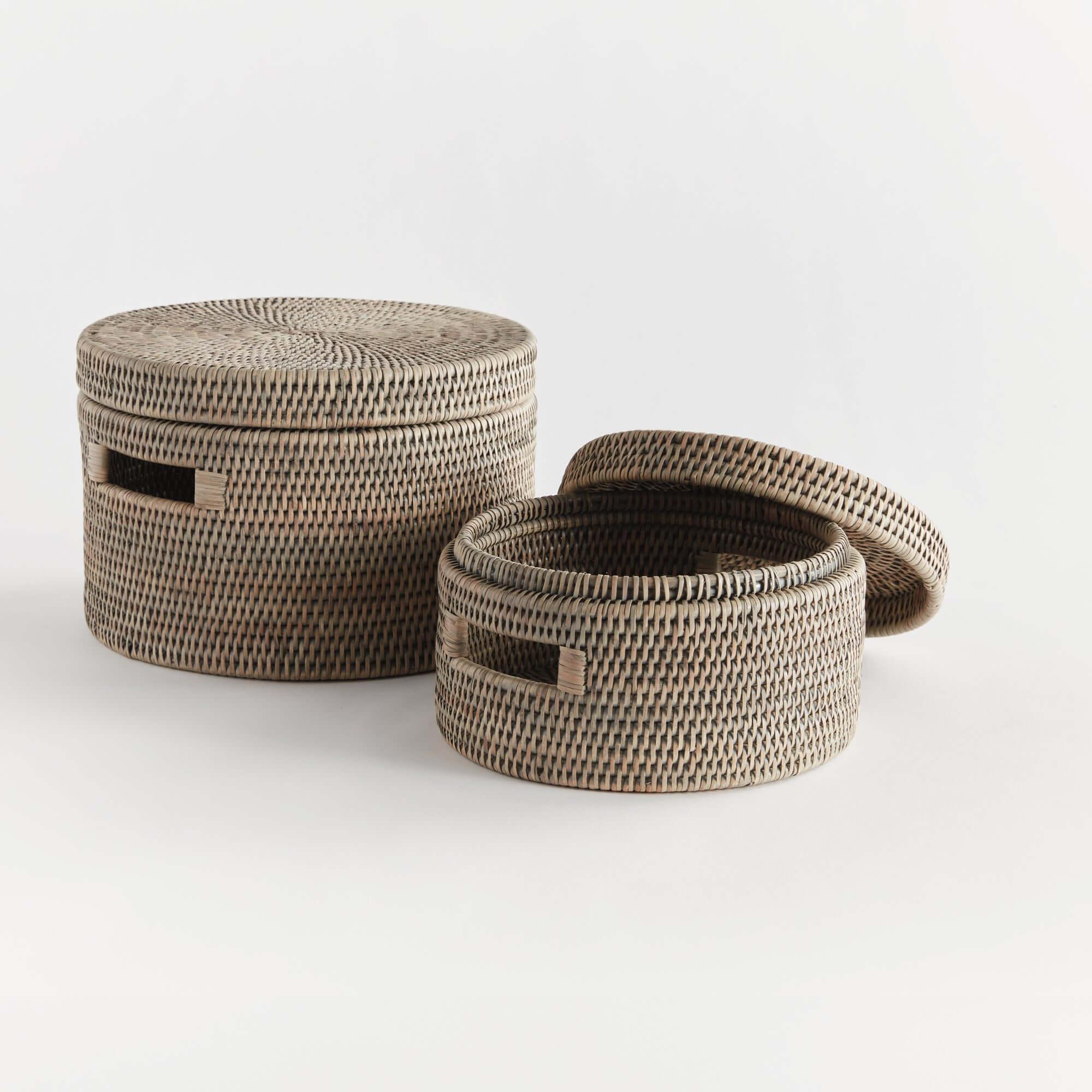 Round Rattan Storage Baskets with Lids (Set of 2) Vintage Shopper