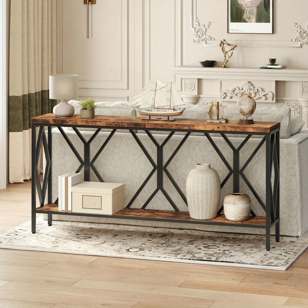 Rustic Brown And Black 70.9'' Extra Long Console Table, Industrial Sofa Table Behind Couch, 2 Tier Narrow Entryway Table with Storage Shelf, for Living Room House Of Avana