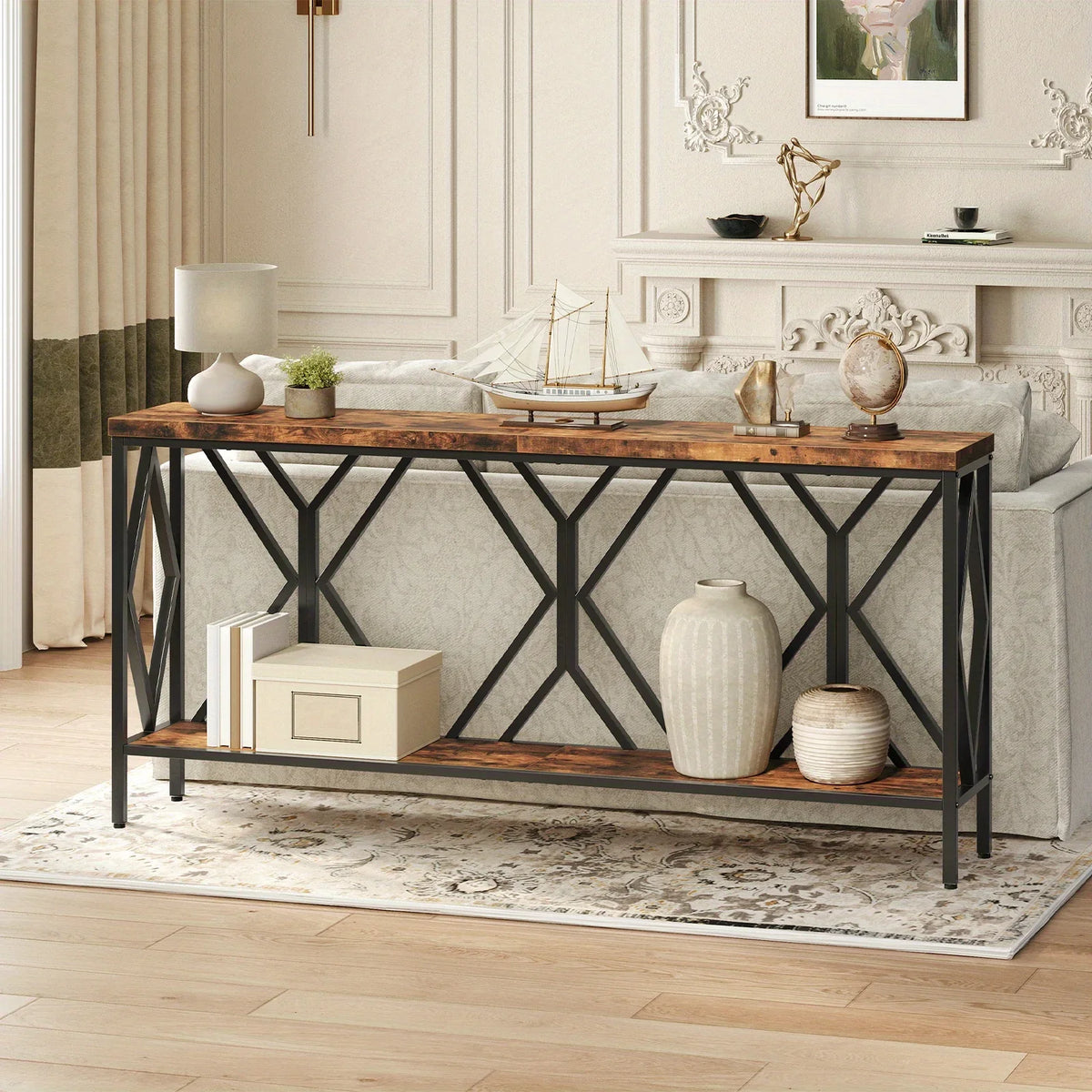 Rustic Brown And Black 70.9'' Extra Long Console Table, Industrial Sofa Table Behind Couch, 2 Tier Narrow Entryway Table with Storage Shelf, for Living Room House Of Avana
